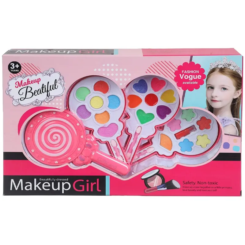 Makeup Set for Kids Girls – Lightweight Portable Pink Toy Make up Kit , Non-Toxic Plastic Set with Lipstick, Eye Shadow, Blush, Nail Polish , Kids Washable Make up Kit for Girls 3+ Years Lollipop Desi